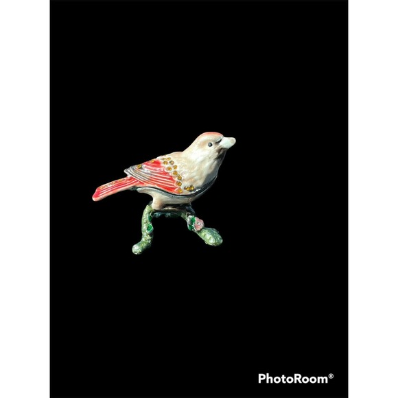 Vtg Female Cardinal Bird Pewter Jewelry Trinket Box Hinged Lid Enamel Jeweled - Picture 7 of 9
